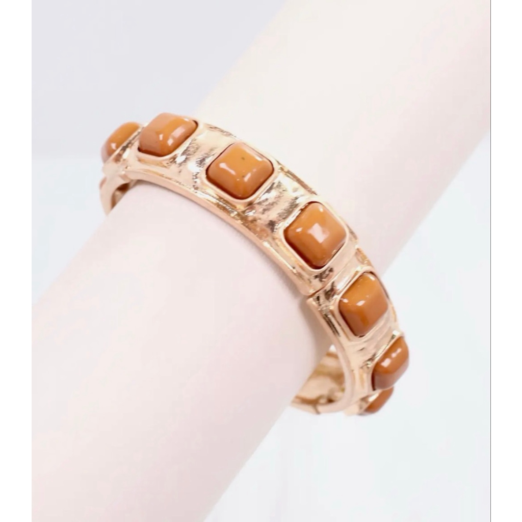 Caroline Hill Allie Hammered Faux Gold Stretch Bracelet Taupe Nwt